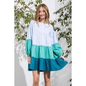 AARON & AMBER Color Block Tiered Mini Dress Blue Teal Green Puff Sleeve Size L